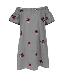 Uncle Frank‎ M Black White Stripe Off Shoulder Floral Embroidered Dress Pockets